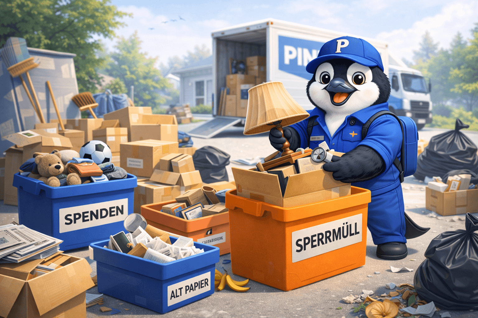 Pinguin sortiert Gegenstände bei einer Entrümpelung in Sperrmüll, Spenden und Altpapier