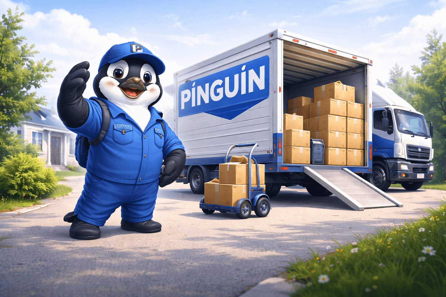 Pinguin als Umzugshelfer vor einem Umzugswagen mit Kartons beim professionellen Umzug