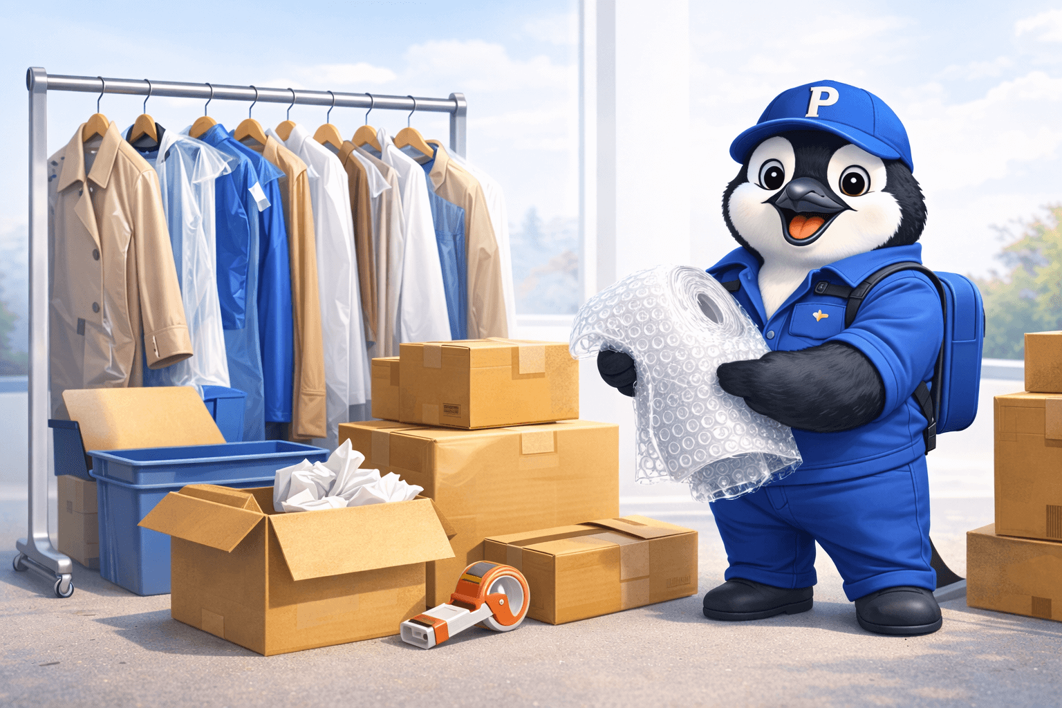 Pinguin verpackt Umzugskartons und Kleidung sorgfältig mit Verpackungsmaterial