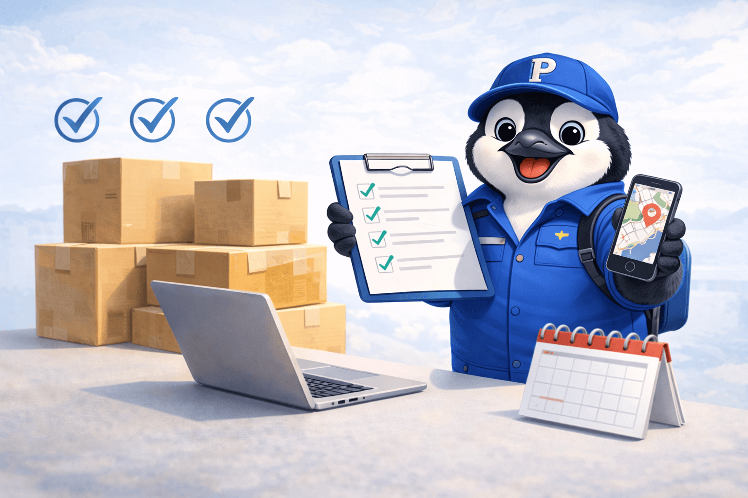 Pinguin plant einen Umzug mit Checkliste, Smartphone und Kalender